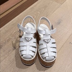 Prada White Platform Sandals with Cork Sole